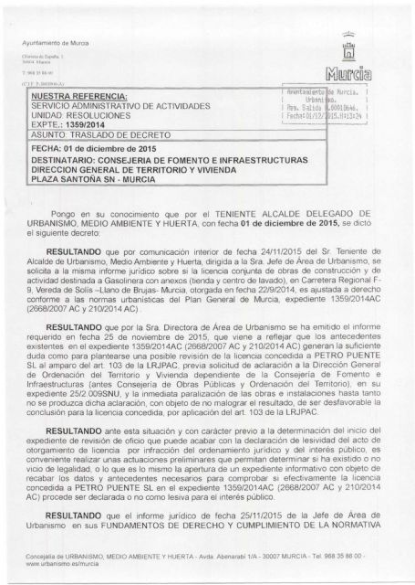 Cambiemos Murcia logra la paralización de la construcción de una gasolinera en suelo protegido