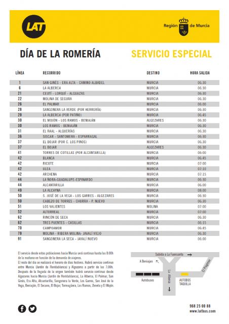 Servicios especiales de Autobuses LAT para el día de la Romería 2018