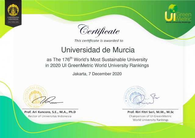 El prestigioso ranking 'GreenMetric' sitúa a la UMU entre las 200 universidades más sostenibles del mundo