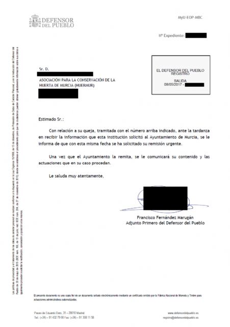 El Defensor del Pueblo reprocha a Ballesta que niegue la entrada a Huermur al Consejo Social