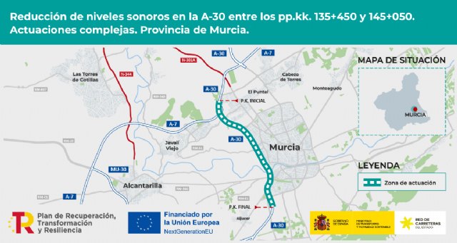 Transportes licita por 18,5 millones de euros las obras para reducirel ruido en la A-30 a su paso por la ciudad de Murcia